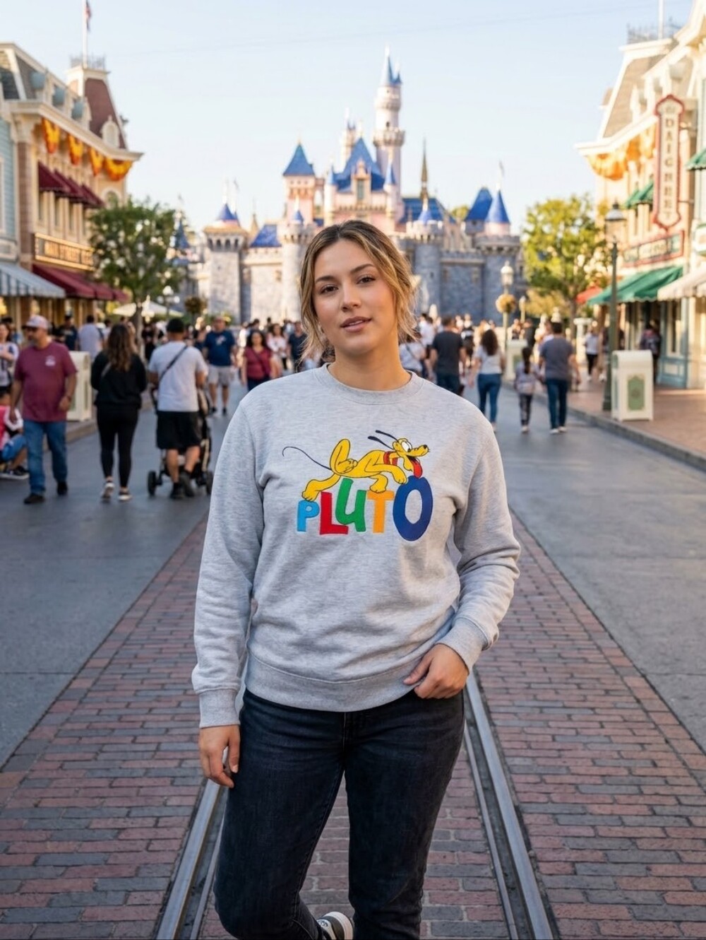 Disney Pluto Light Gray Long Sleeve Sweatshirt with Colorful Graphics Small